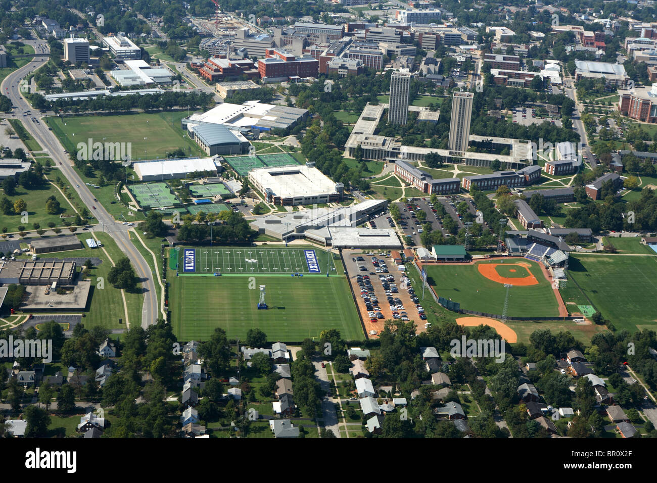 Aerial view of some of the university of Kentucky campus and athletic facilities in Lexington, KY. Stock Photo