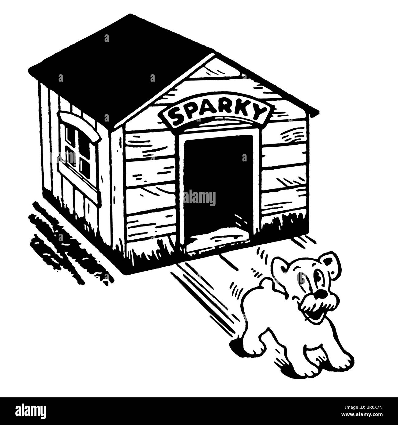 A black and white version of a cartoon style drawing of a dog skidding from its kennel Stock Photo