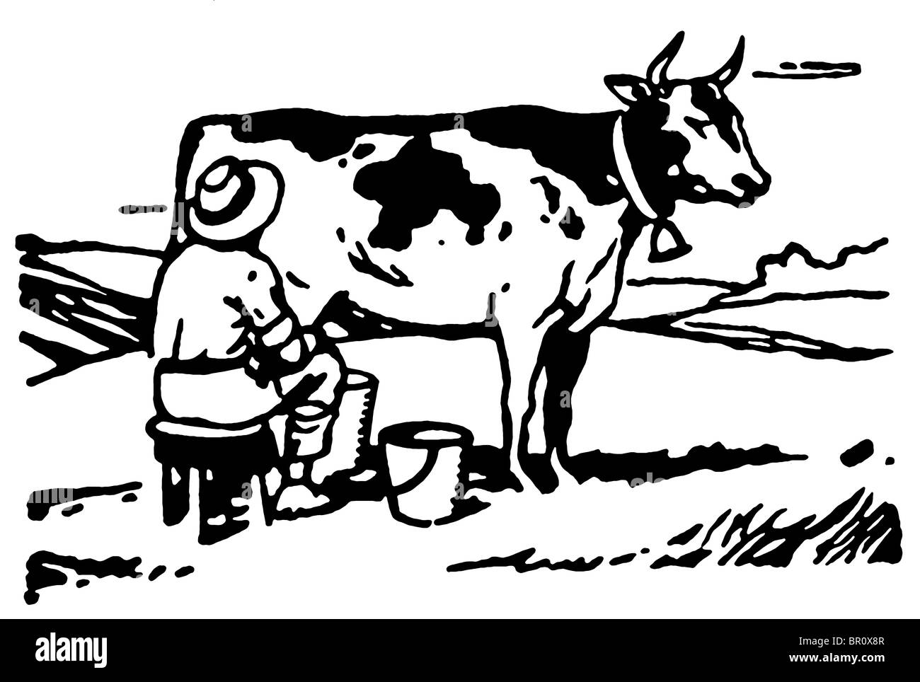 A black and white version of a man milking a cow in a field Stock Photo