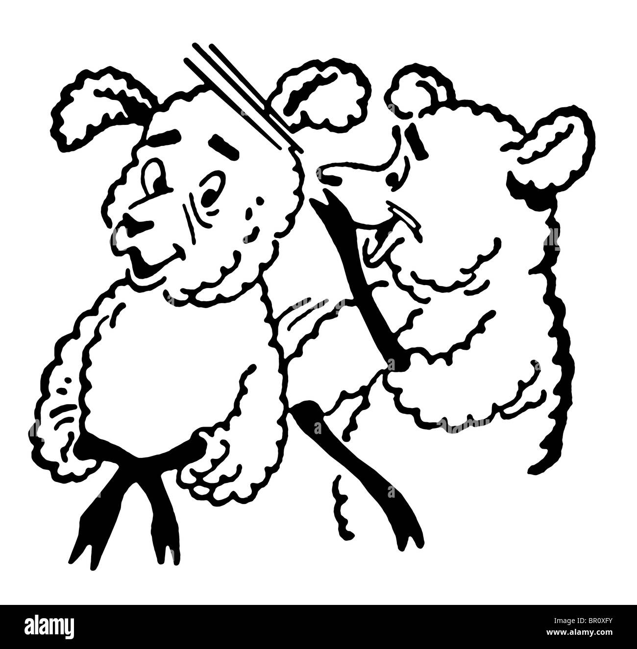 A black and white version of a black and white version of a cartoon style drawing of two sheep Stock Photo