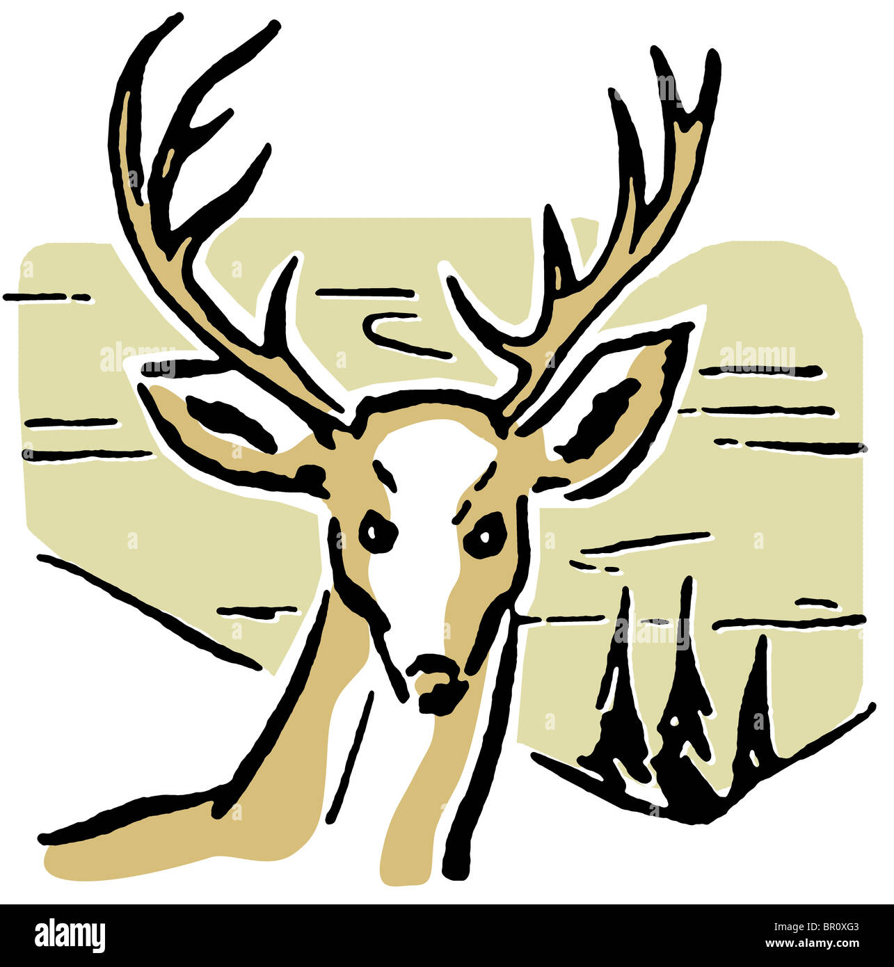 An illustration of a deer with pine trees and rolling hills in the background Stock Photo
