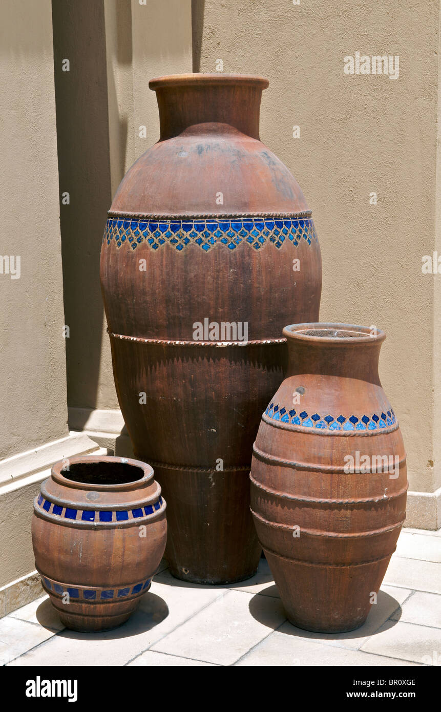 Three clay earthenware Middle Eastern pots Dubai UAE Stock Photo
