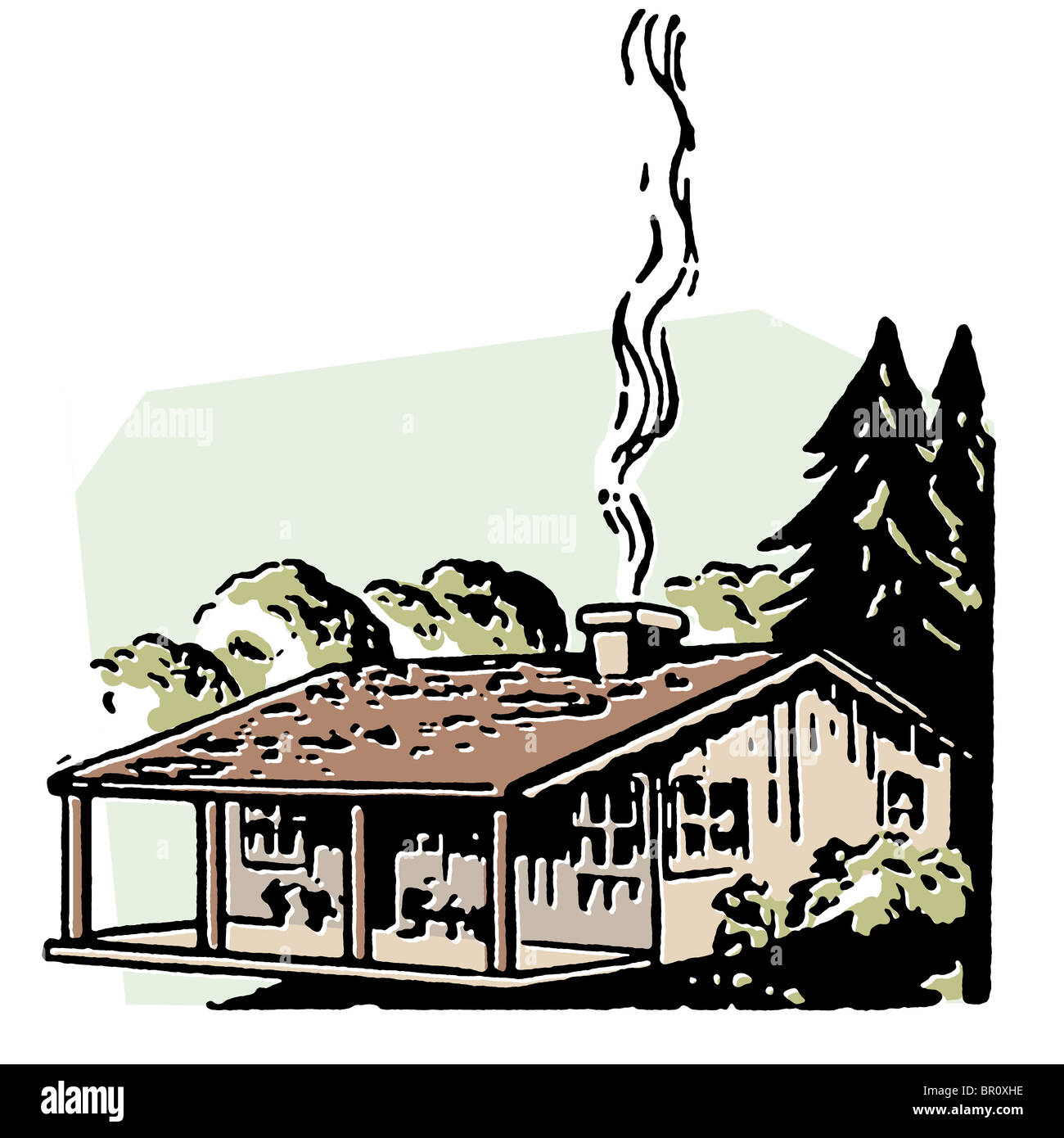 A small farm house with a smoking chimney Stock Photo