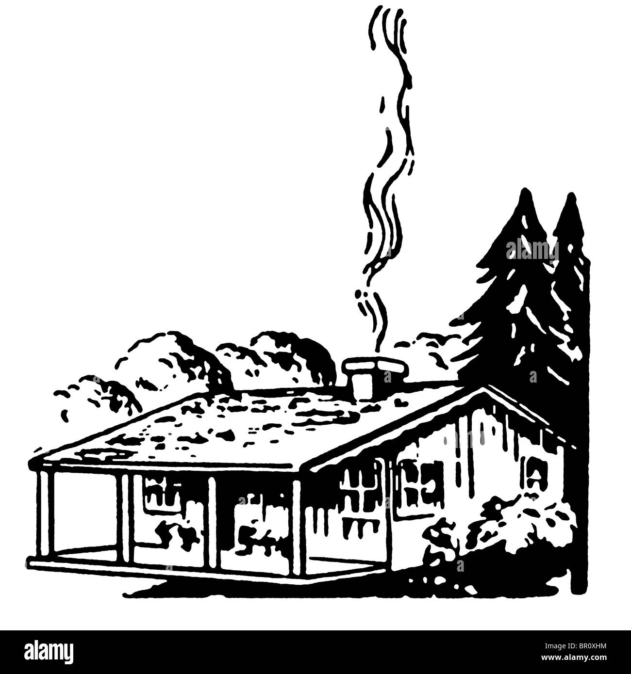 A black and white version of a small farm house with a smoking chimney Stock Photo