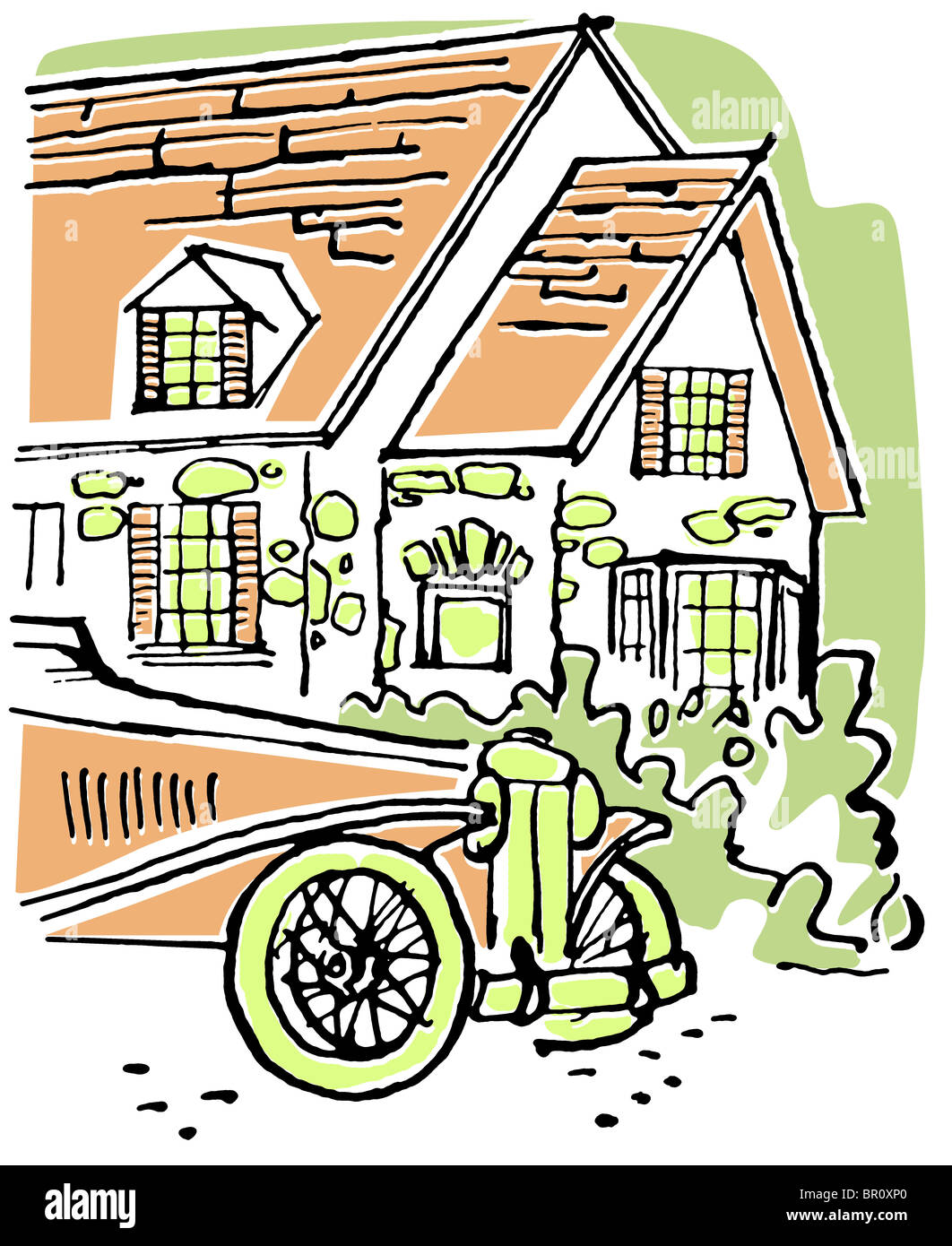 An illustration of a home with an old fashioned car in the foreground Stock Photo