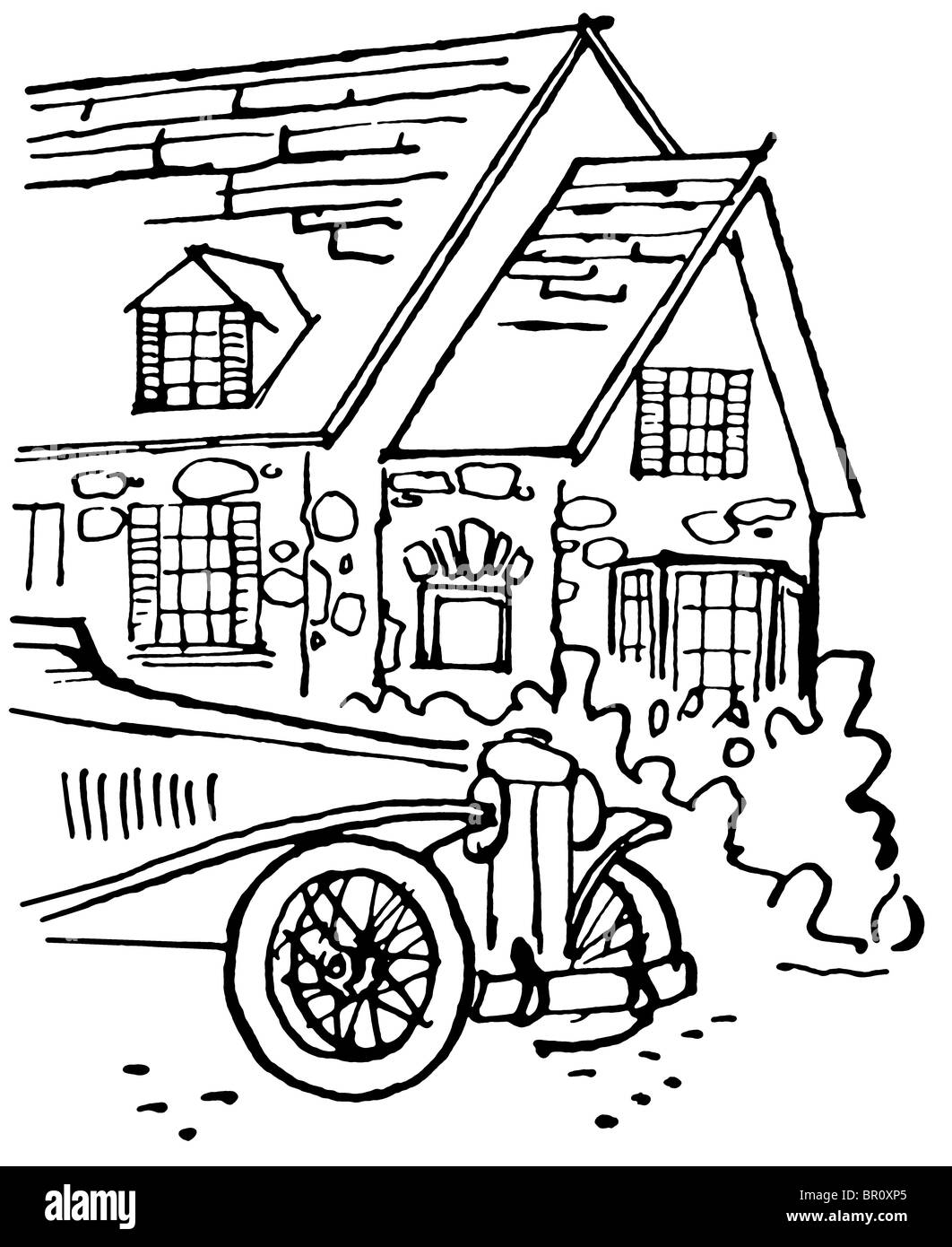 A black and white version of an illustration of a home with an old fashioned car in the foreground Stock Photo