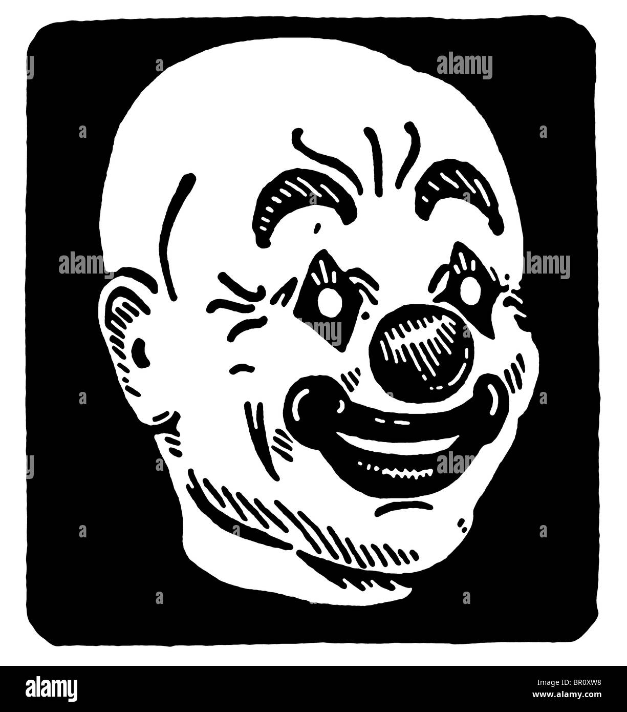 A black and white version of a black and white version of an illustration of a clowns head Stock Photo