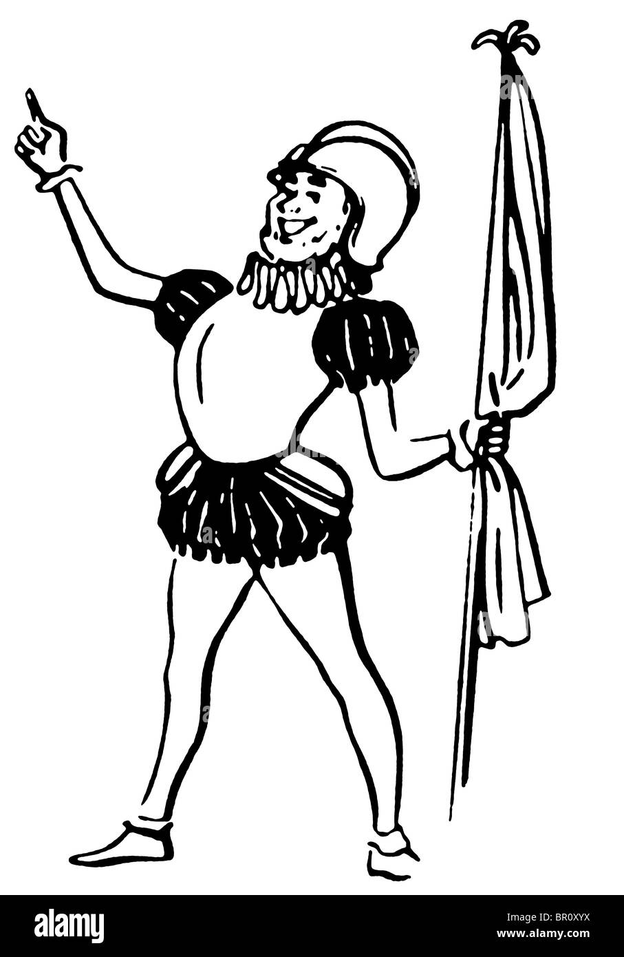 A black and white version of a drawing of a knight in amour holding a flag Stock Photo
