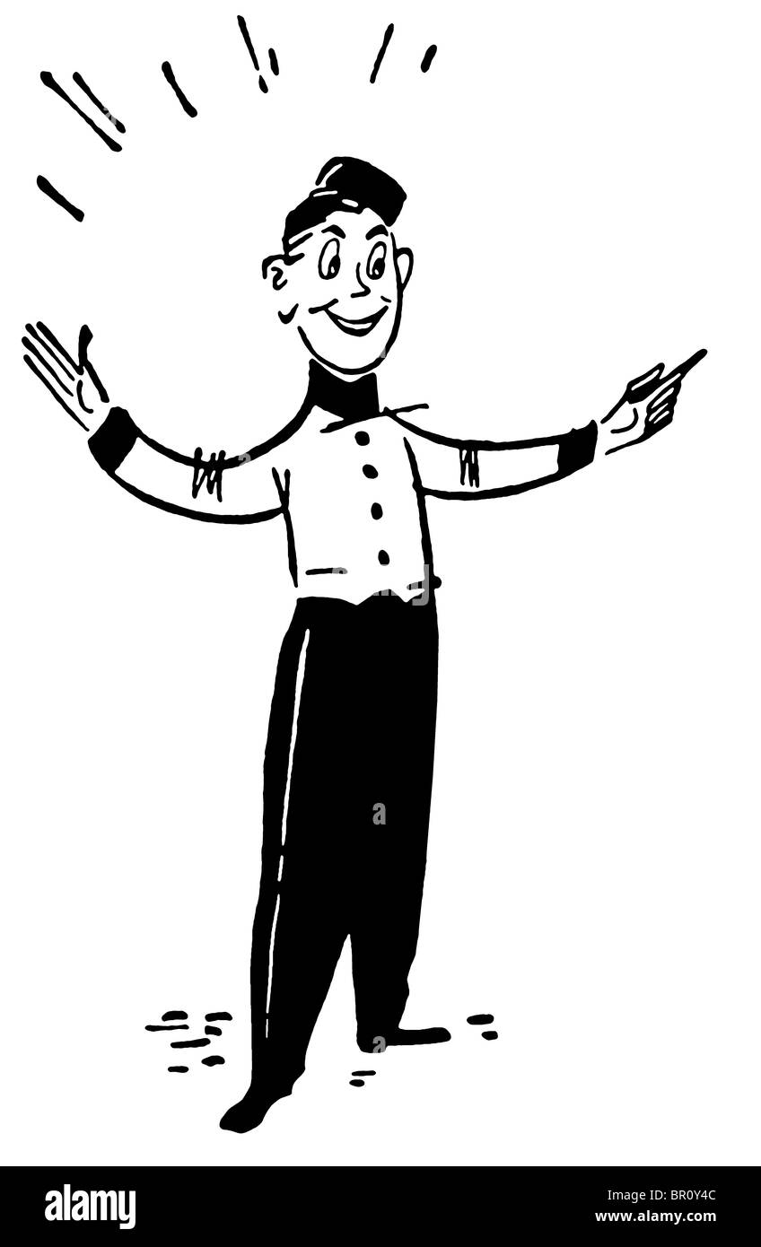 A black and white version of an illustration of man dressed in a white shirt and a bow tie Stock Photo