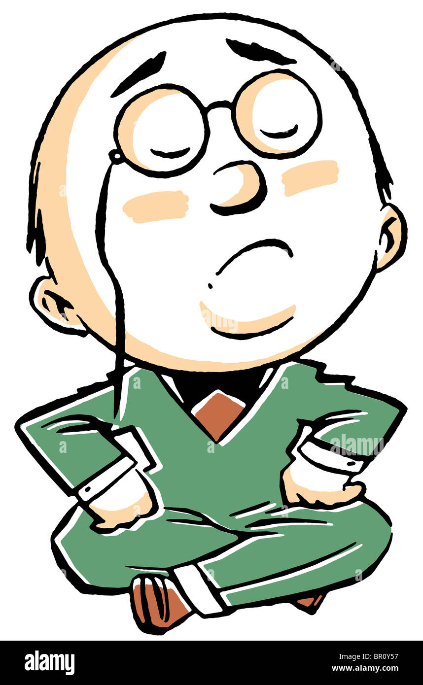 A cartoon drawing of a distinguished look gentle man sitting cross