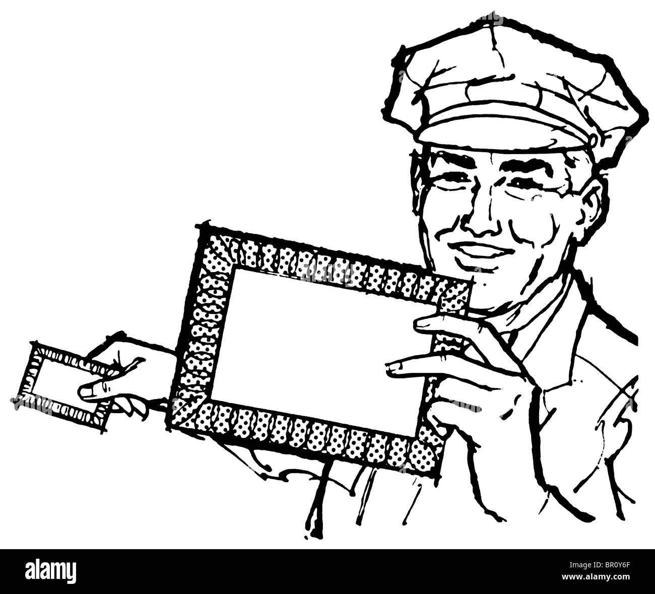 A black and white version of a delivery driver holding a blank letter Stock Photo