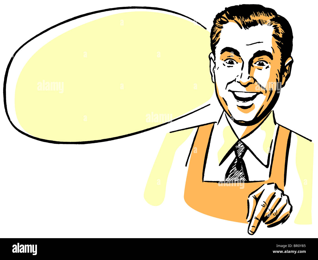 A man wearing a shirt an tie and an apron with an empty speech bubble behind him Stock Photo