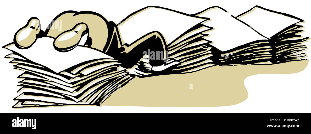 A cartoon style drawing of man almost buried in piles of paperwork Stock Photo
