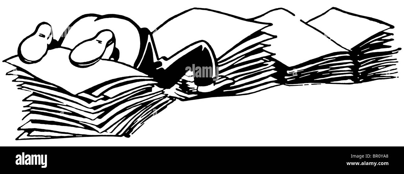 A black and white version of a cartoon style drawing of man almost buried in piles of paperwork Stock Photo
