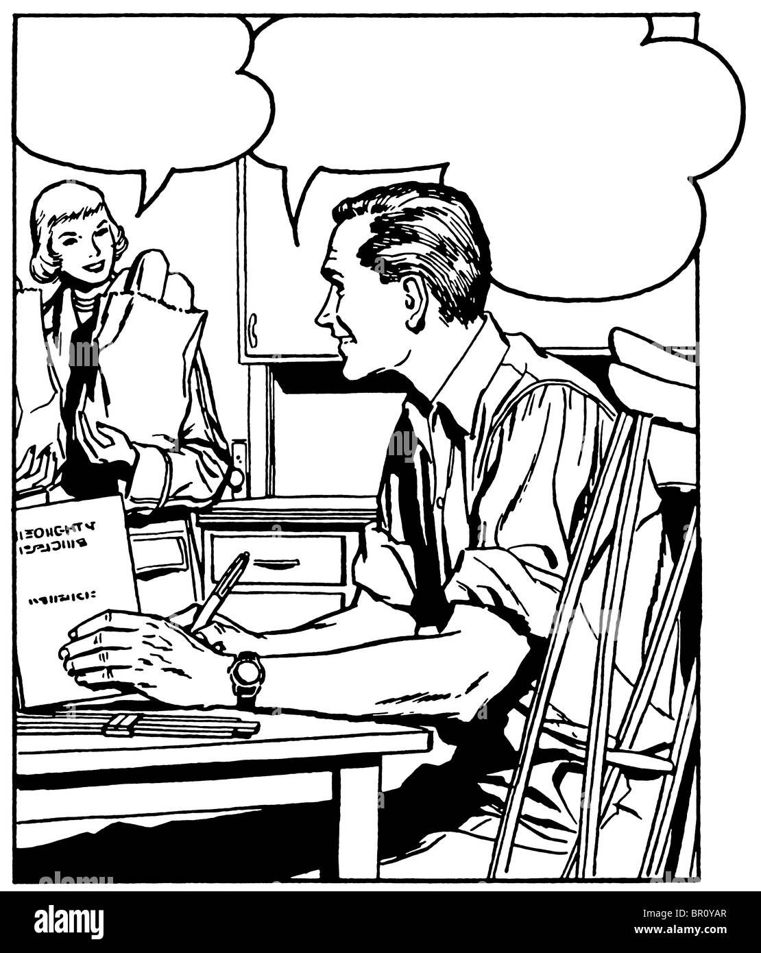 A black an white version of a comic style illustration of a man at a desk talking to a woman in the background Stock Photo