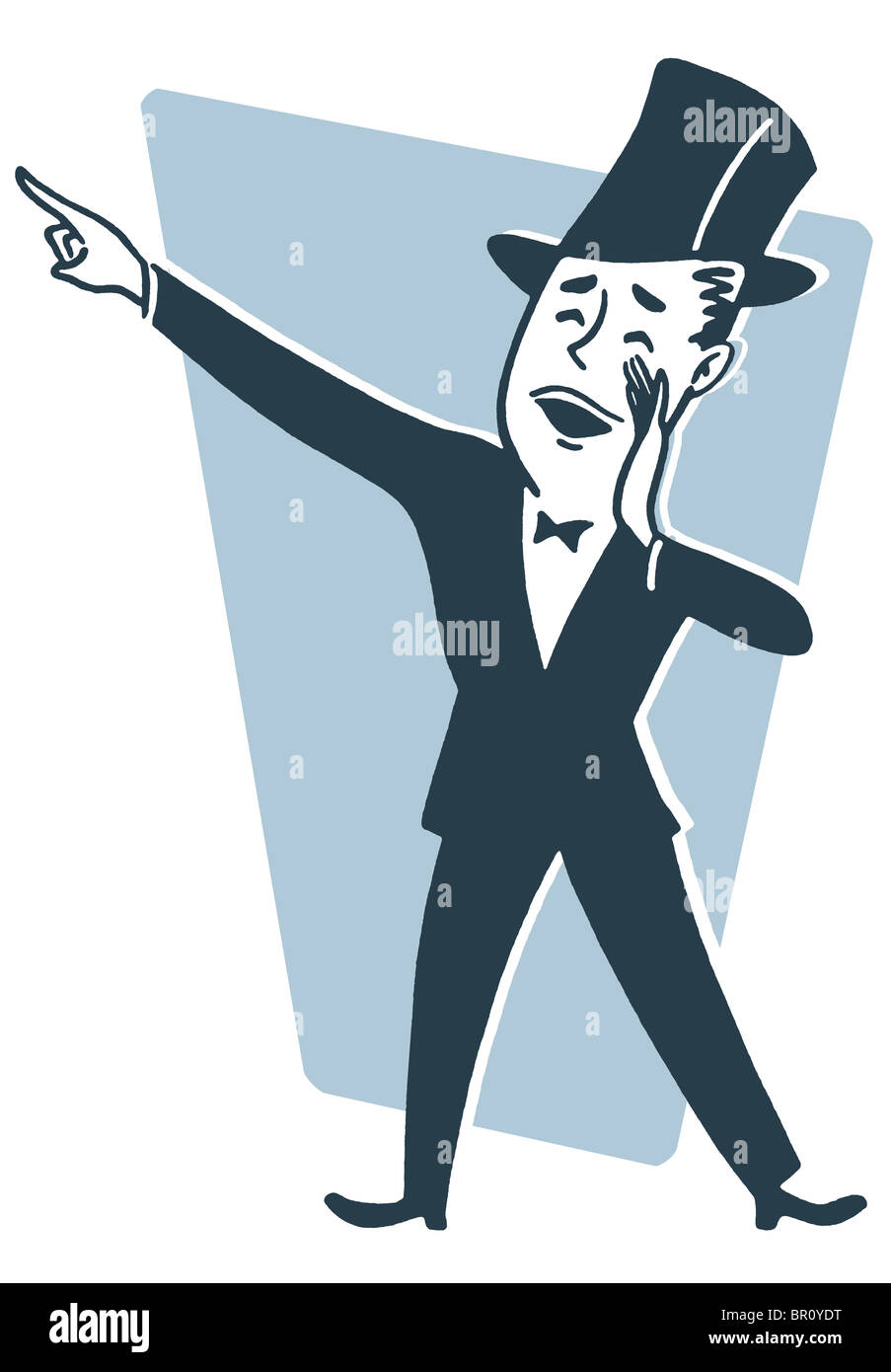 A cartoon style drawing of a man dressed in a top hat and tails making an announcement Stock Photo