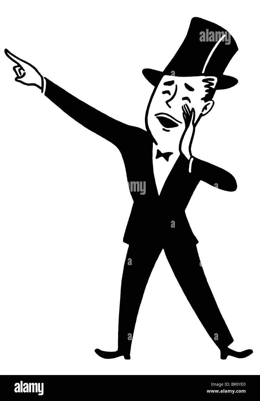 A black an white version of a cartoon style drawing of a man dressed in a top hat and tails making an announcement Stock Photo