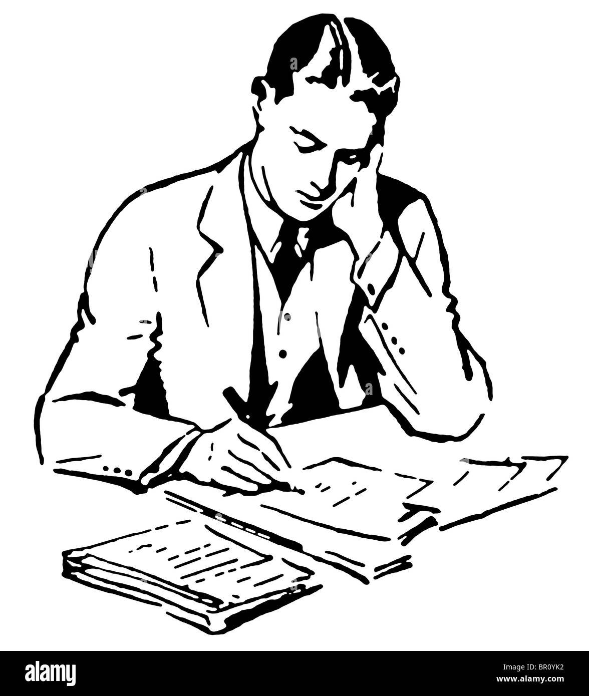 A black and white version of a graphic illustration of a business man working hard at his desk Stock Photo