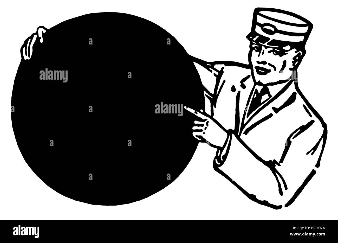 A black and white version of an illustration of a train conductor holding a round sign Stock Photo