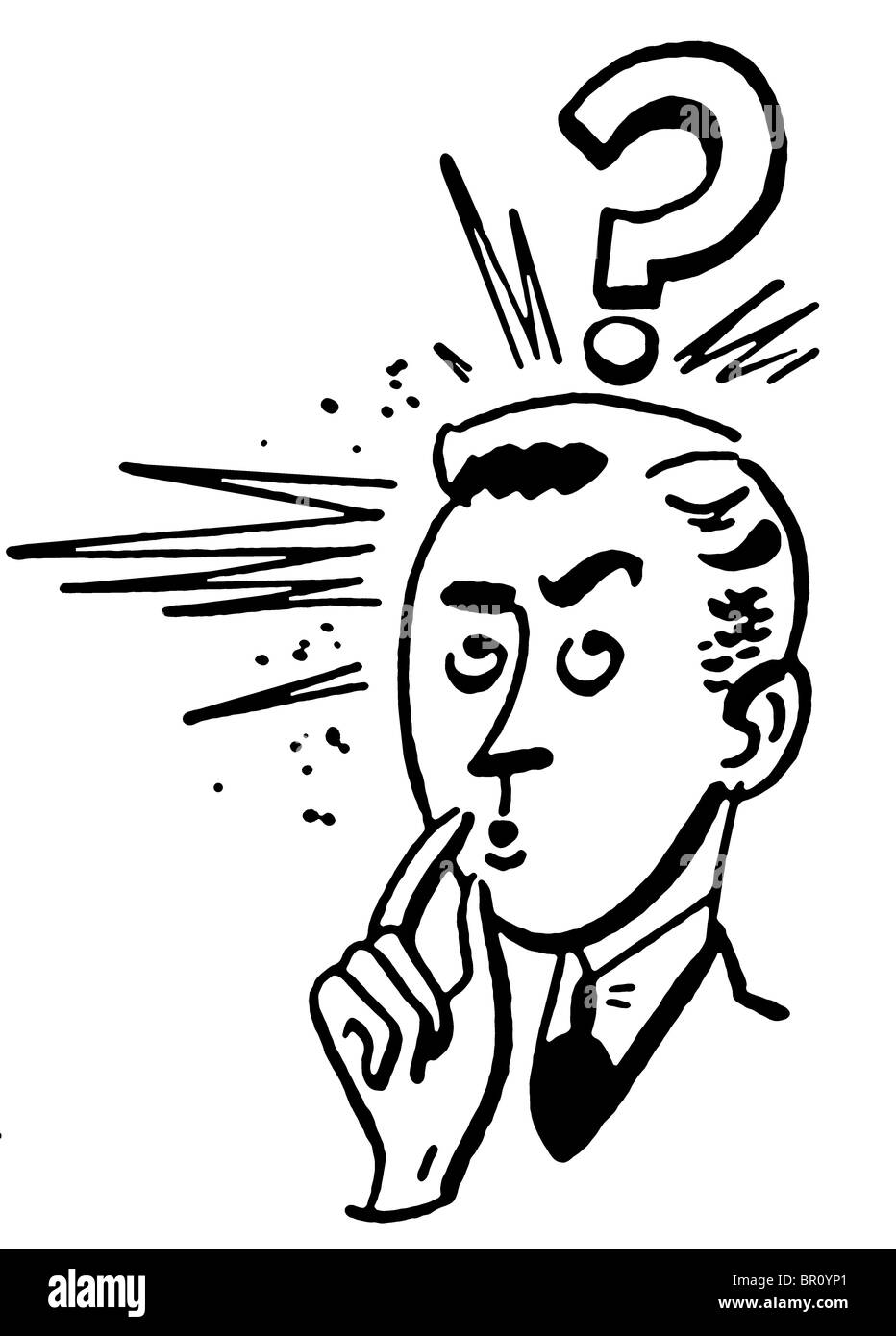 A black and white version of a cartoon style drawing of a businessman with a large question mark looming above Stock Photo