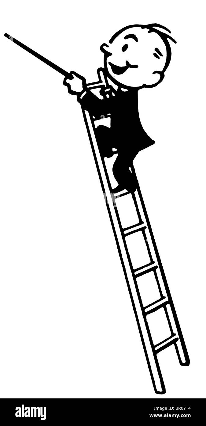 A black and white version of a cartoon style drawing of a conductor high up  a ladder Stock Photo - Alamy