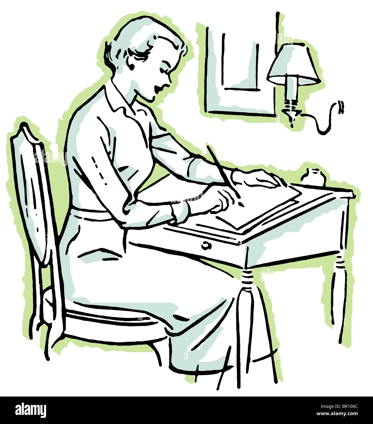 A Line Drawing Of A Woman At A Writing Desk Stock Photo 31369420