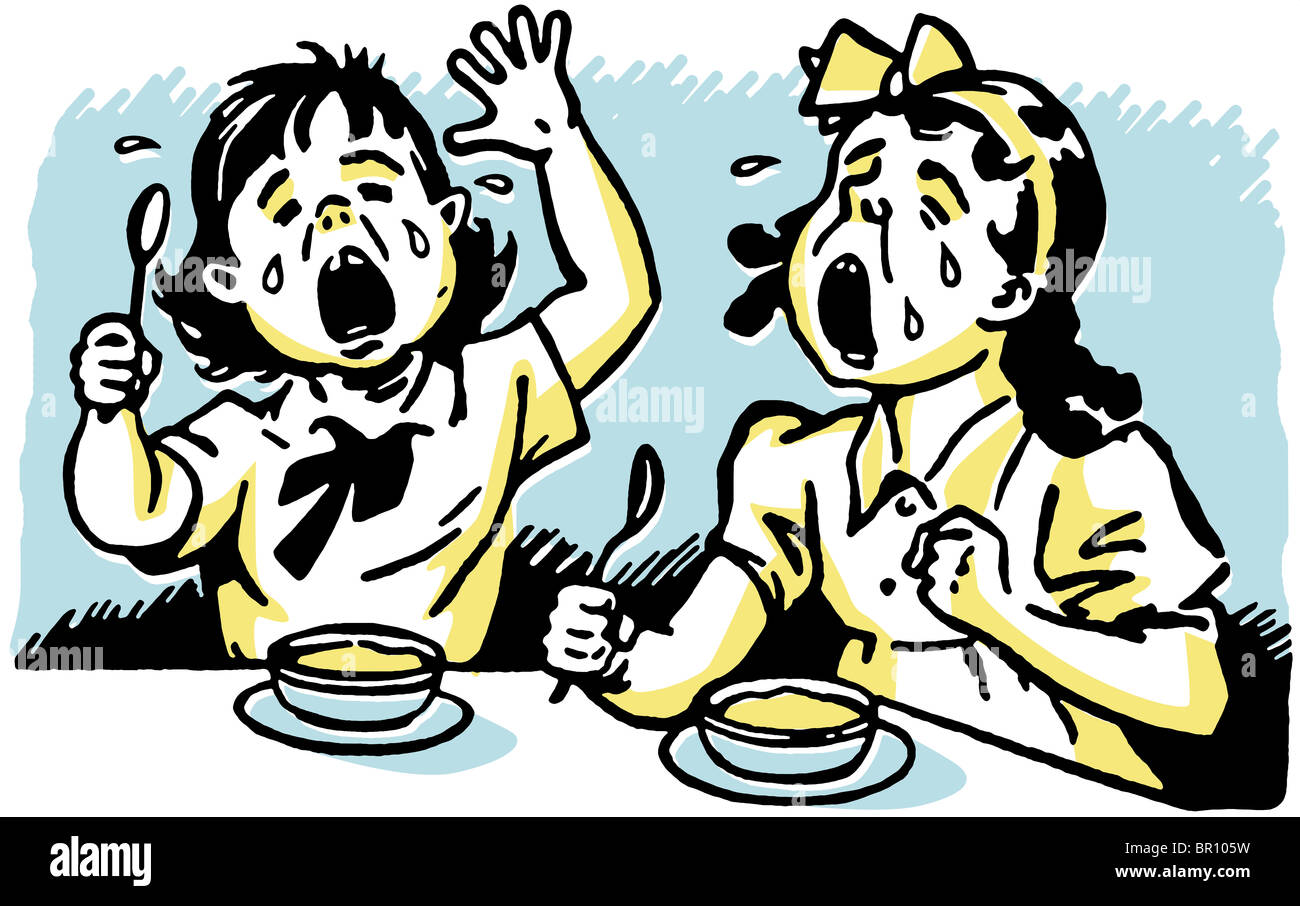 Two young girls at a dinner table both crying in anger Stock Photo - Alamy
