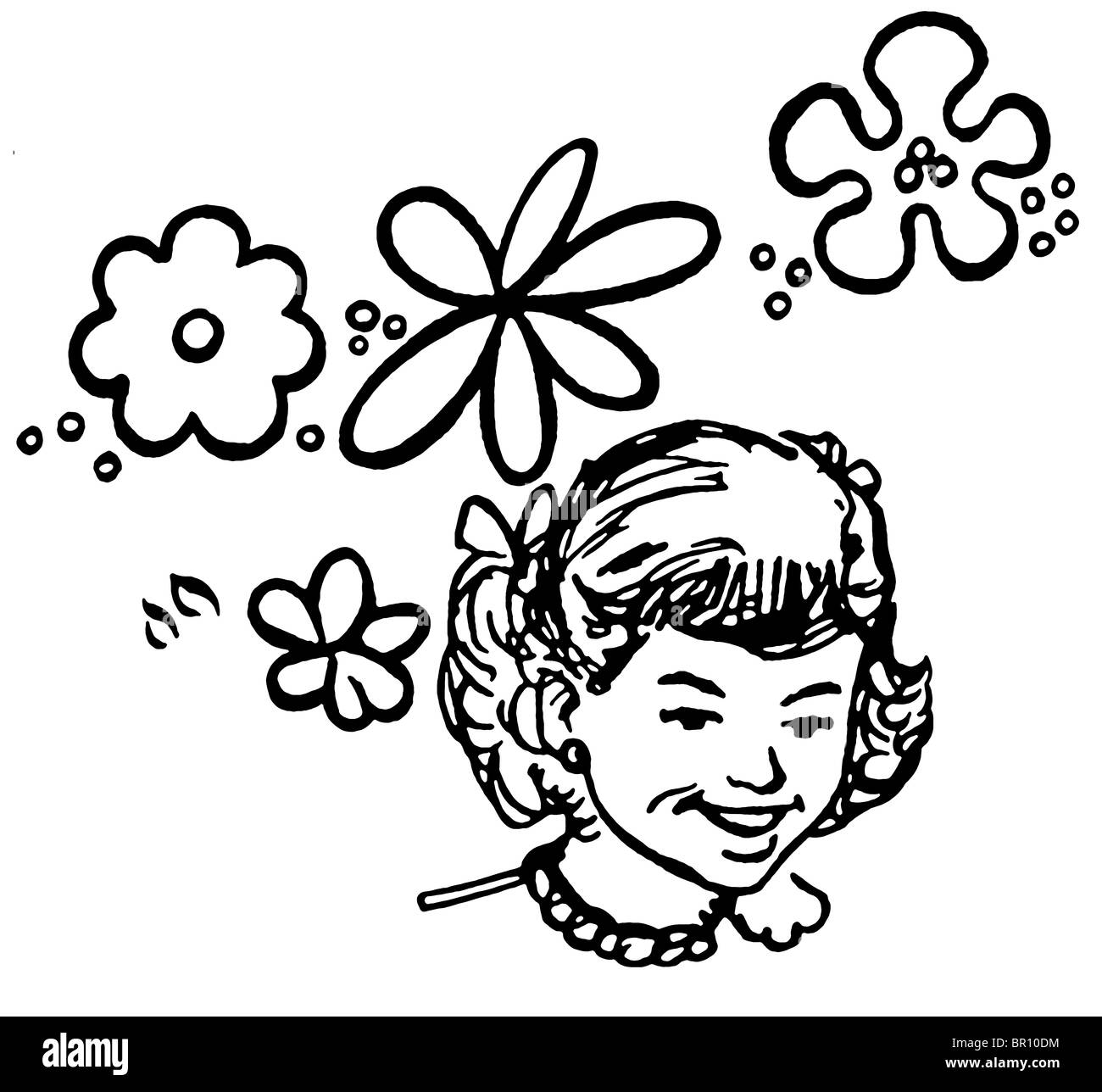 A black and white version of a portrait of a young girl with flowers in the background Stock Photo
