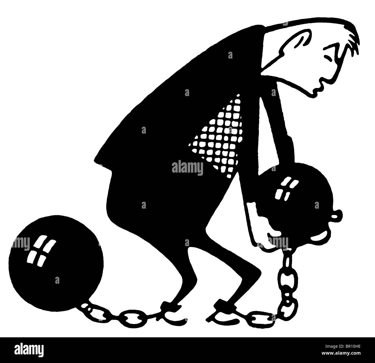 A black and white version of an illustration of a man carrying a ball and chain Stock Photo