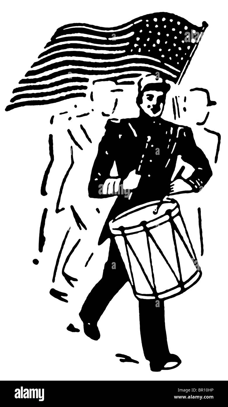 A black and white version of a drummer and American flag Stock Photo