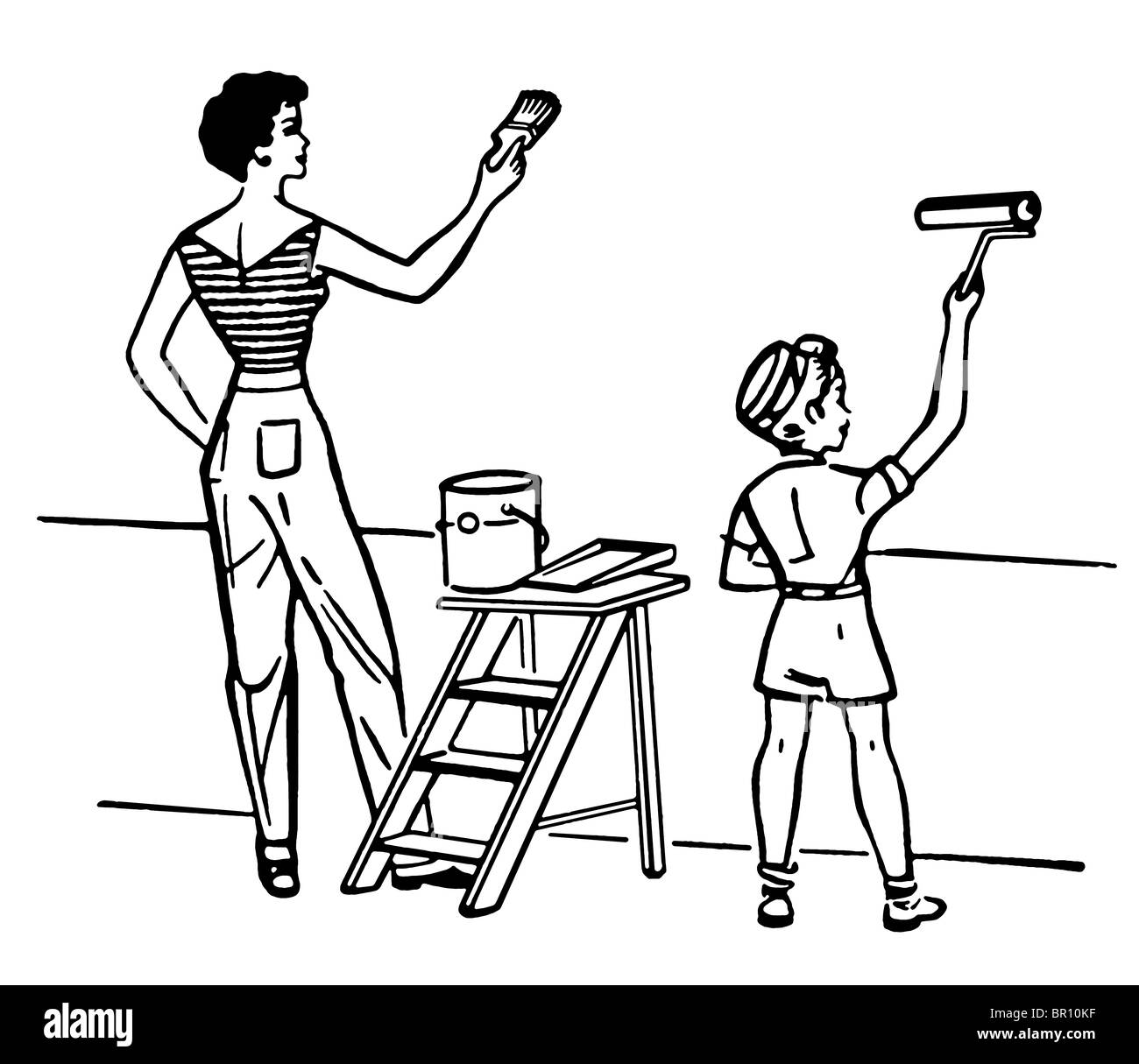 A black and white version of a mother and child painting walls together Stock Photo