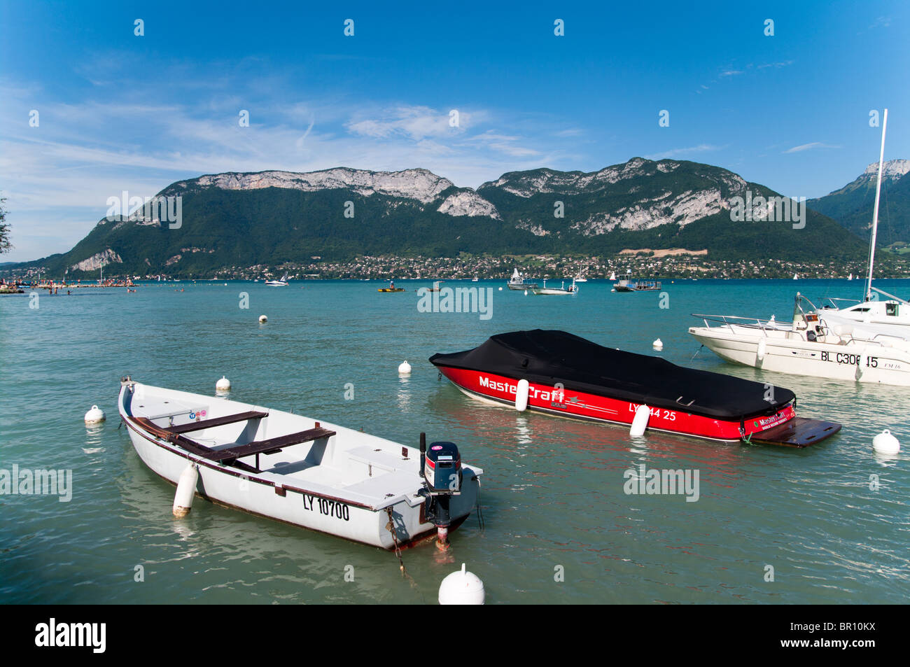 Motor Boats at Sevrier on Lake Annecy Stock Photo
