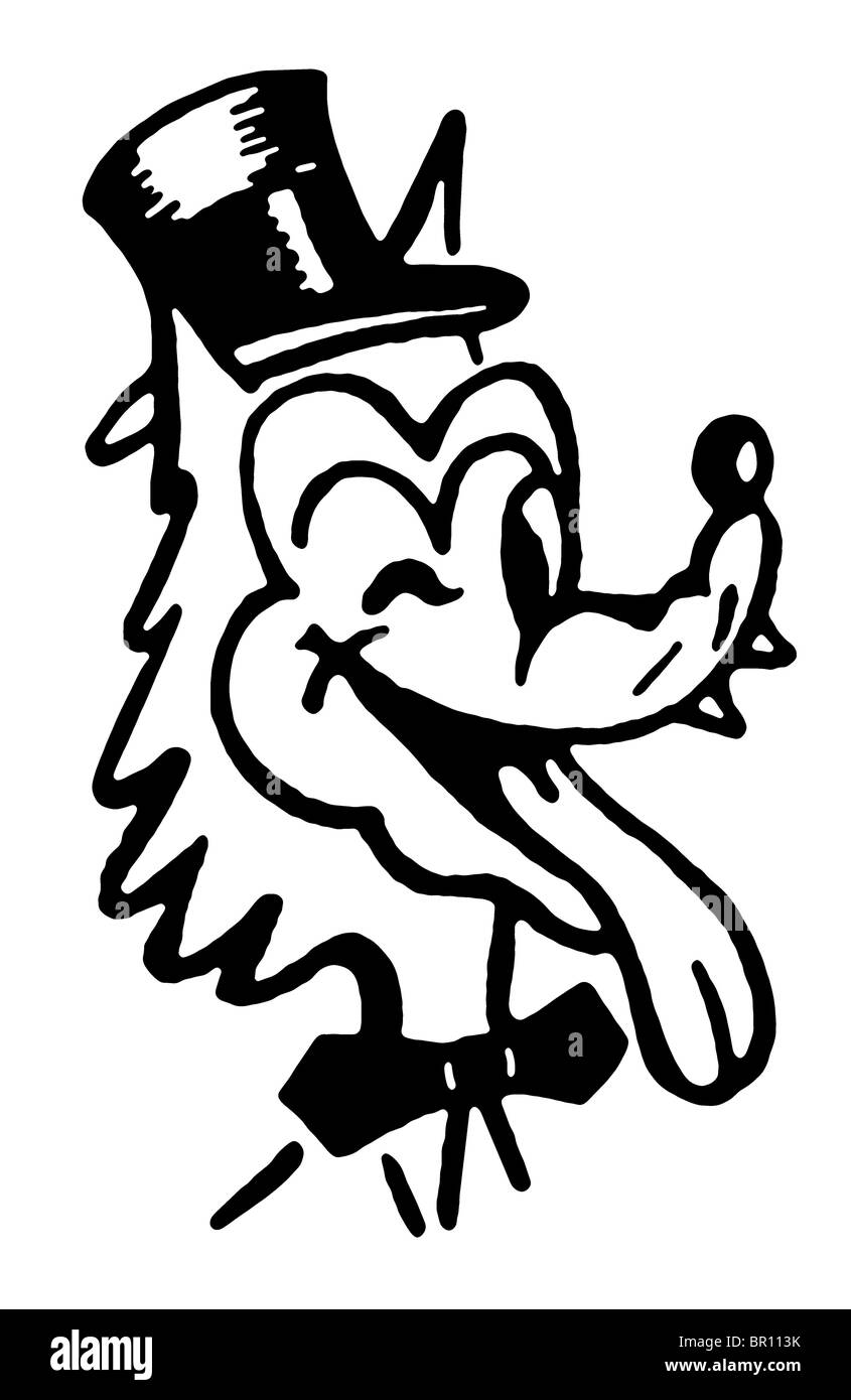 A black and white version of a winking wolf wearing a top hat Stock Photo