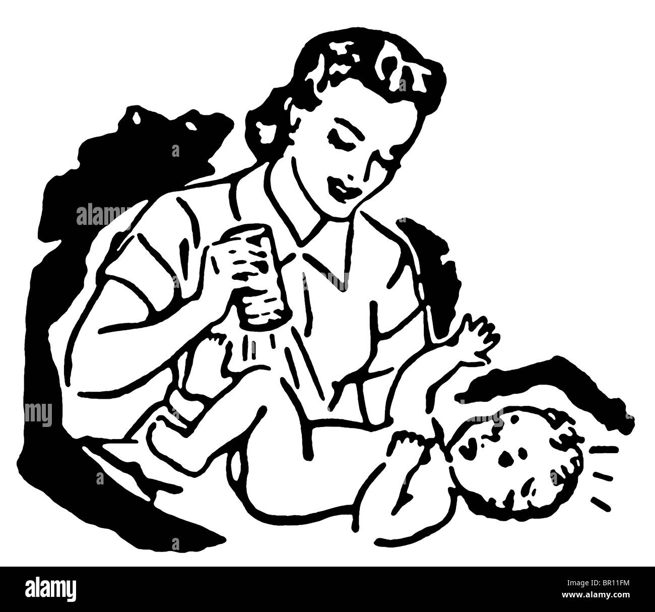 A black and white version of a mother changing a young childs diaper Stock Photo