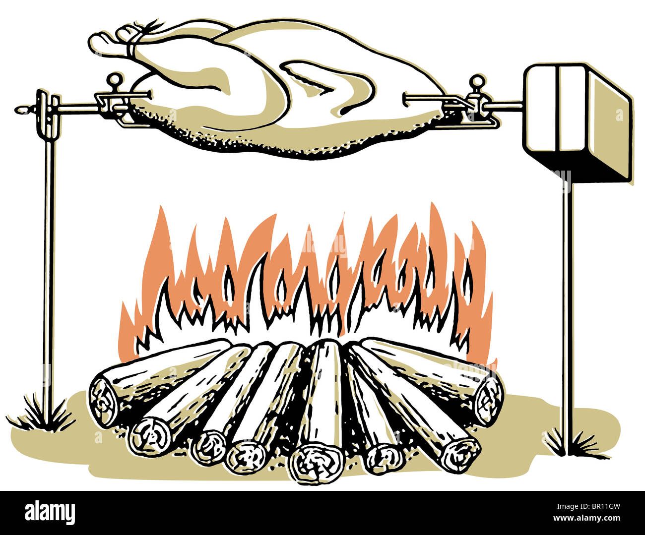 An illustration of a chicken roasting on an open fire Stock Photo