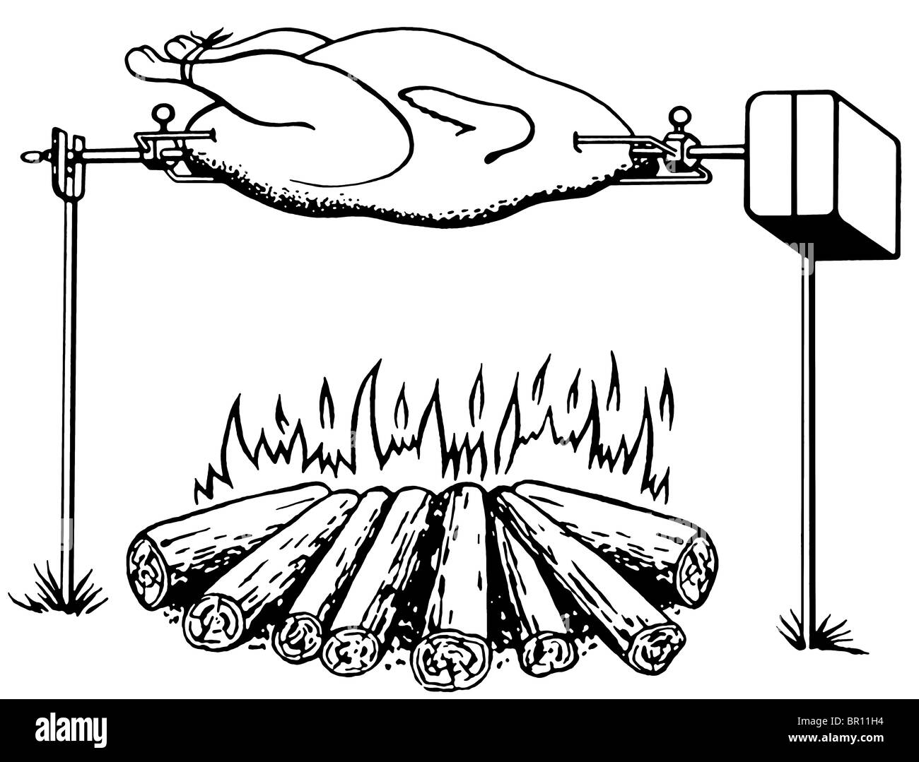A black and white version of an illustration of a chicken roasting on an open fire Stock Photo