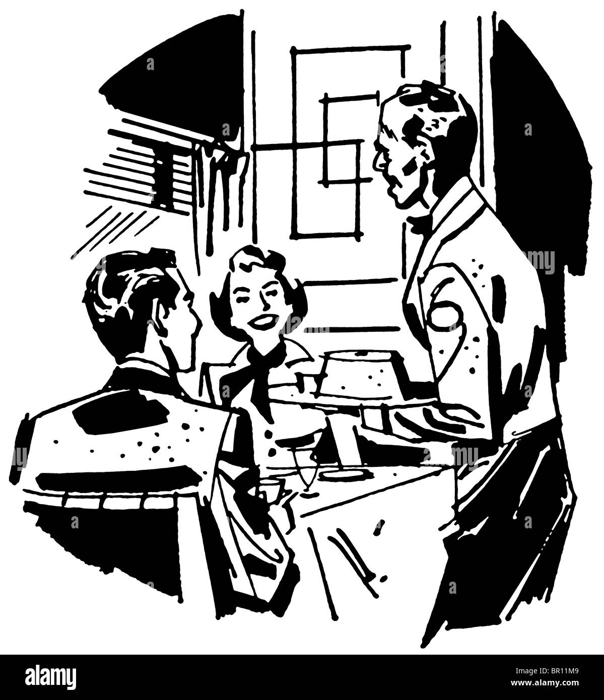 A black and white version of a vintage illustration of a couple dining at a restaurant Stock Photo