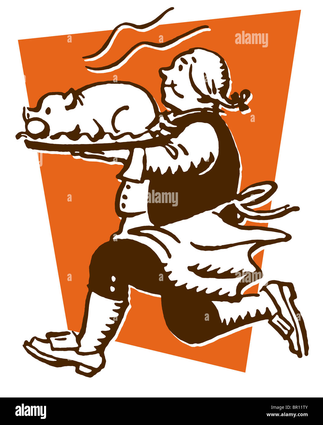 A vintage print of a man running with a roasted pig Stock Photo