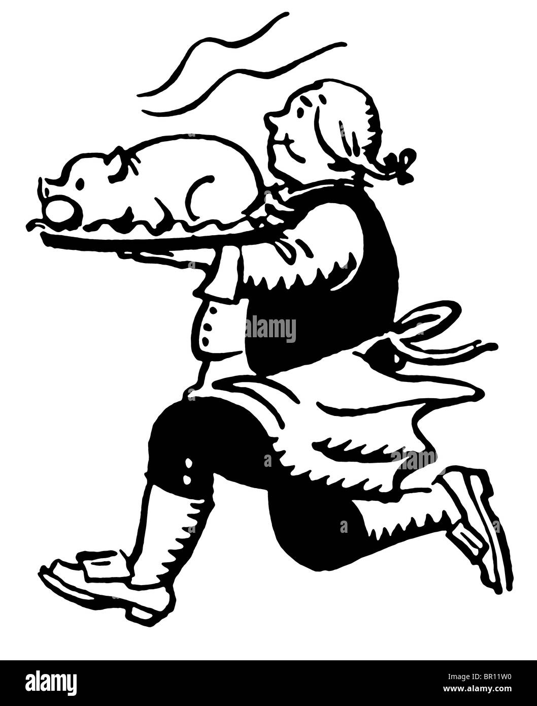 A black and white version of a vintage print of a man running with a roasted pig Stock Photo