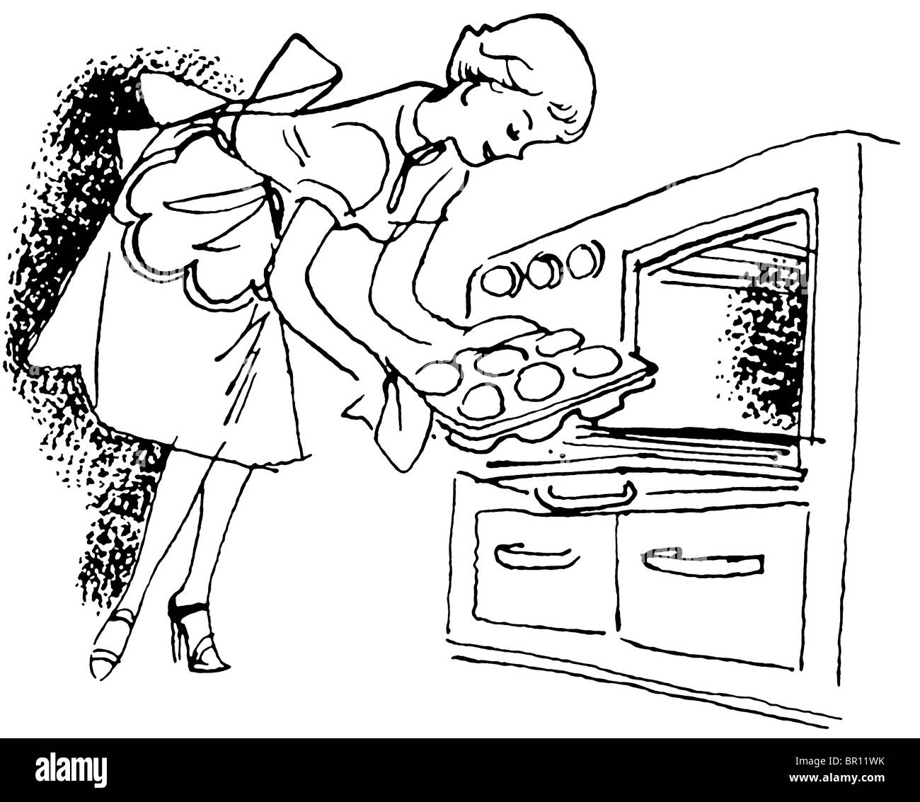 A black and white version of a vintage illustration of a woman removing buns from the oven Stock Photo