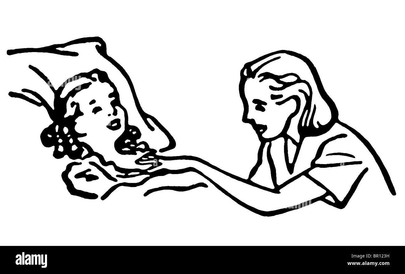 A black and white version of an illustration of a mother at a sick childs bedside Stock Photo