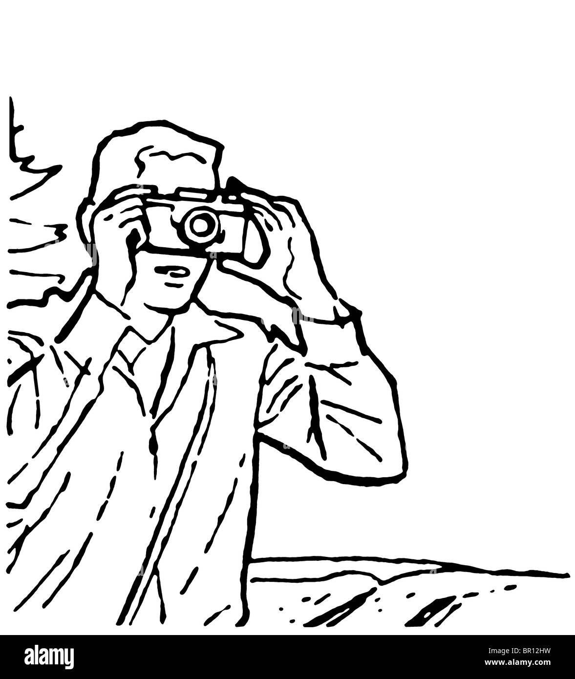 A black and white version of a vintage drawing of a man taking a photograph Stock Photo