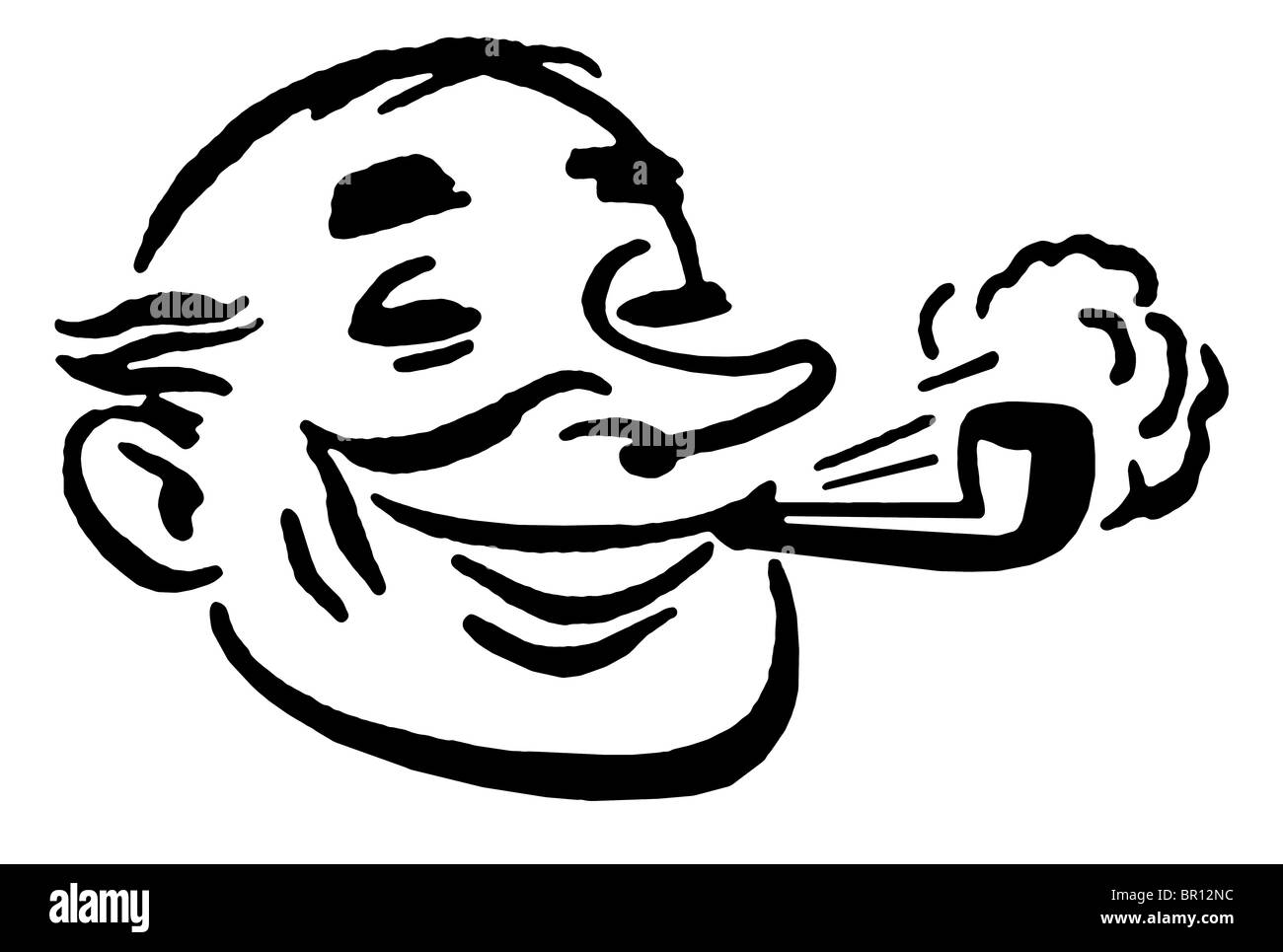 A black and white version of a cartoon style drawing of a man smoking a pipe Stock Photo