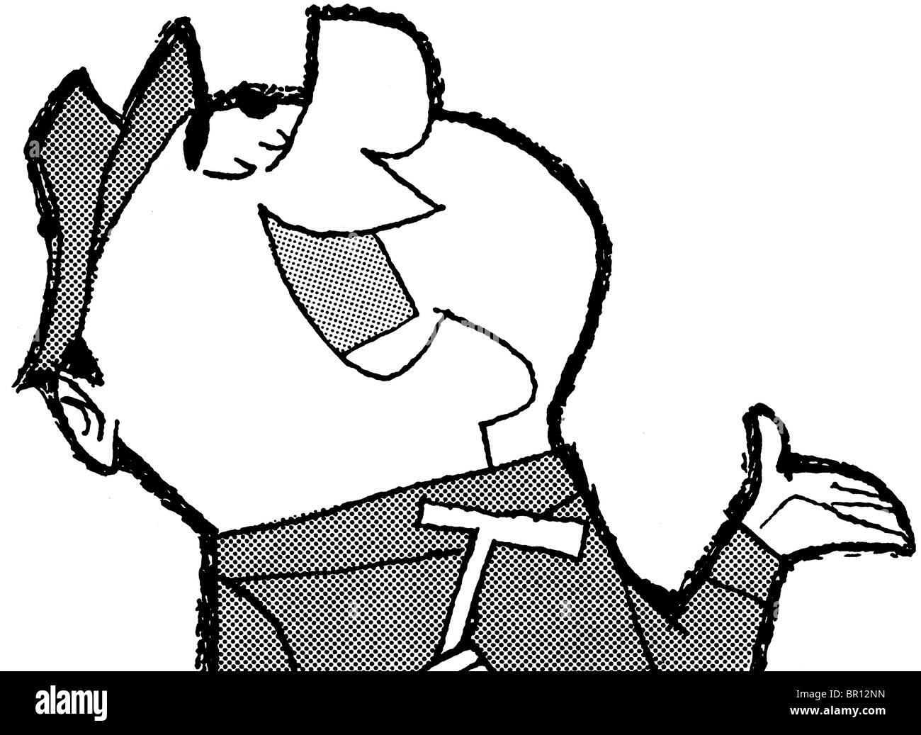 A black and white version of a cartoon style drawing of a happy character Stock Photo