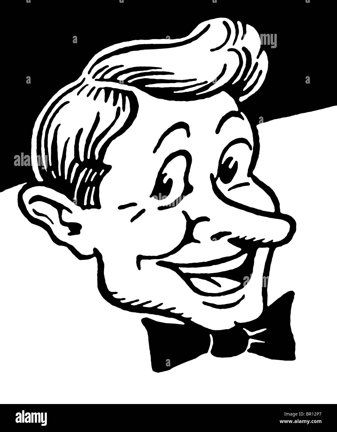 A black and white version of a cartoon style vintage drawing of a man Stock Photo