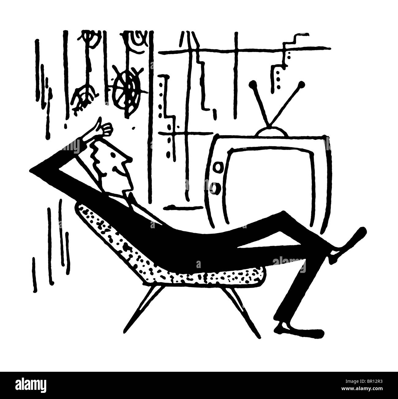 A black and white version of a simplistic cartoon of a man relaxing in front of the TV Stock Photo