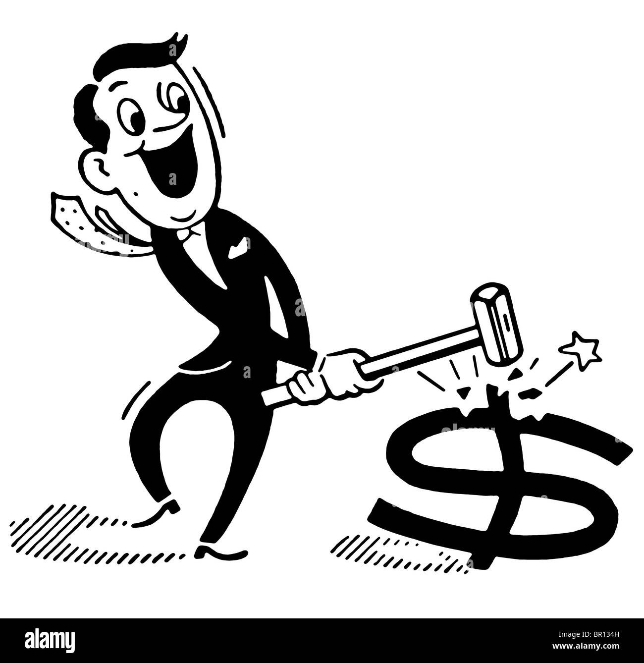 A black and white version of a cartoon style drawing of a businessman smashing a dollar symbol Stock Photo