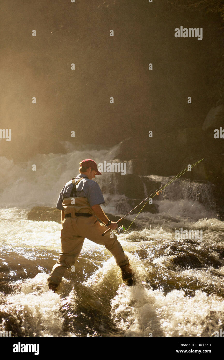 Man fly fishing in river Stock Photo