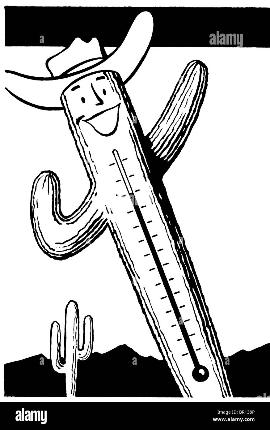 A black and white version of a cactus thermometer Stock Photo