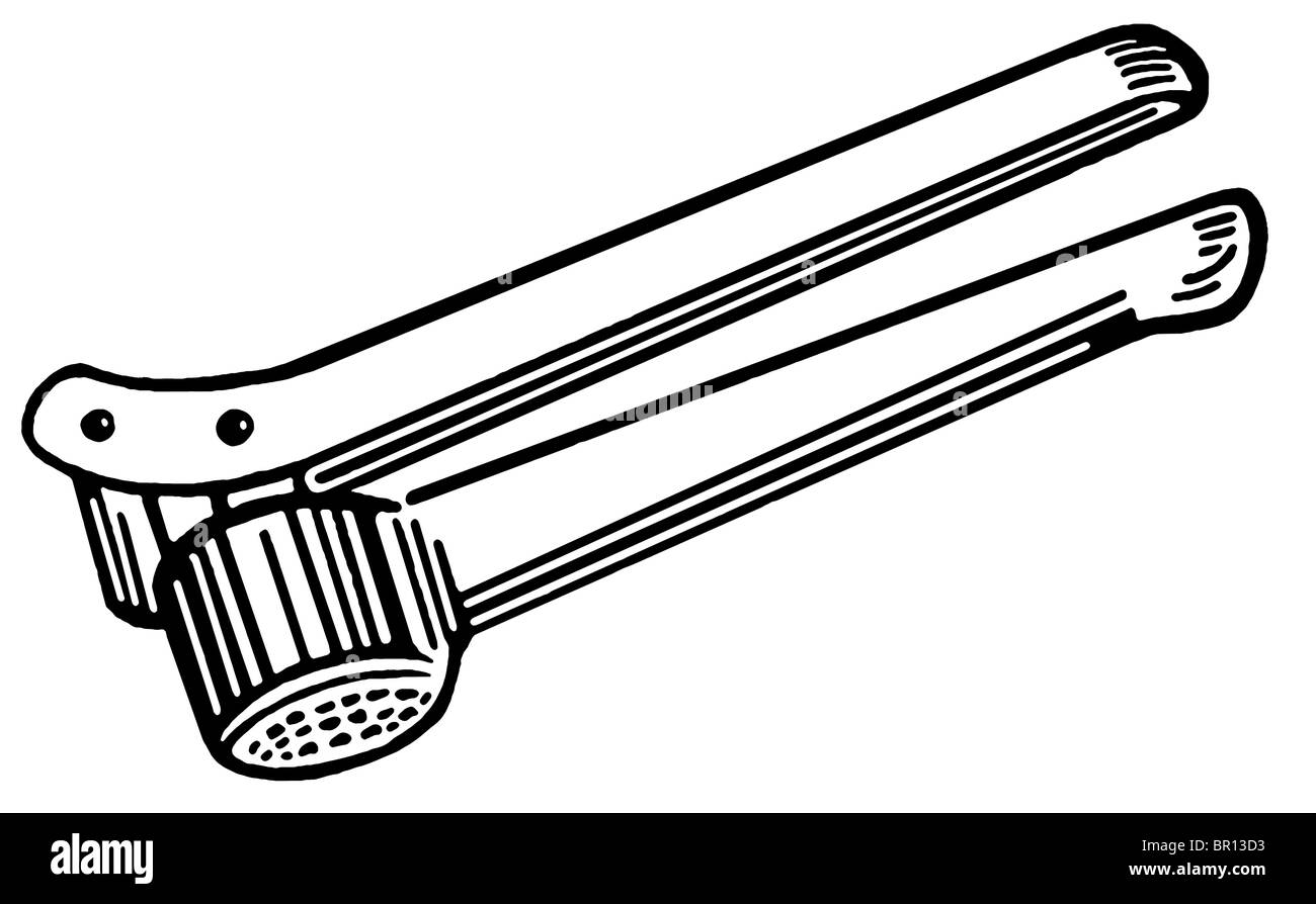A black and white version of a vintage garlic press Stock Photo